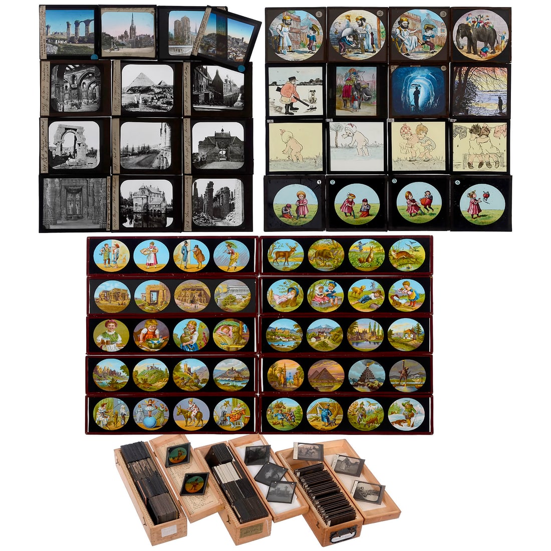 7 Boxes of Photographic Slides and 3 Boxes of Children's Slides: 7 Boxes of Photographic Slides and 3 Boxes of Children's Slides 1) 3 boxes with approx. 130 slides, 8.5 x 10 cm, showing journeys to East Asia, Belgium, Ceylon, Messina, Algeria and Egypt, many tinted