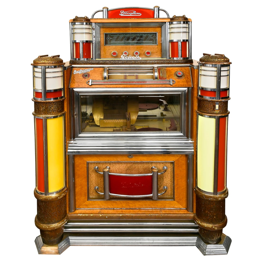 Goliath Radio-Discophone Jukebox, 1948-56: Goliath Radio-Discophone Jukebox, 1948-56 Pierre Eich & Bartholemus Cie., Belgium. For 78-rpm shellac records, 48 selections, pneumatic control, a similar system to pipe organs, coin-slot, headboard w
