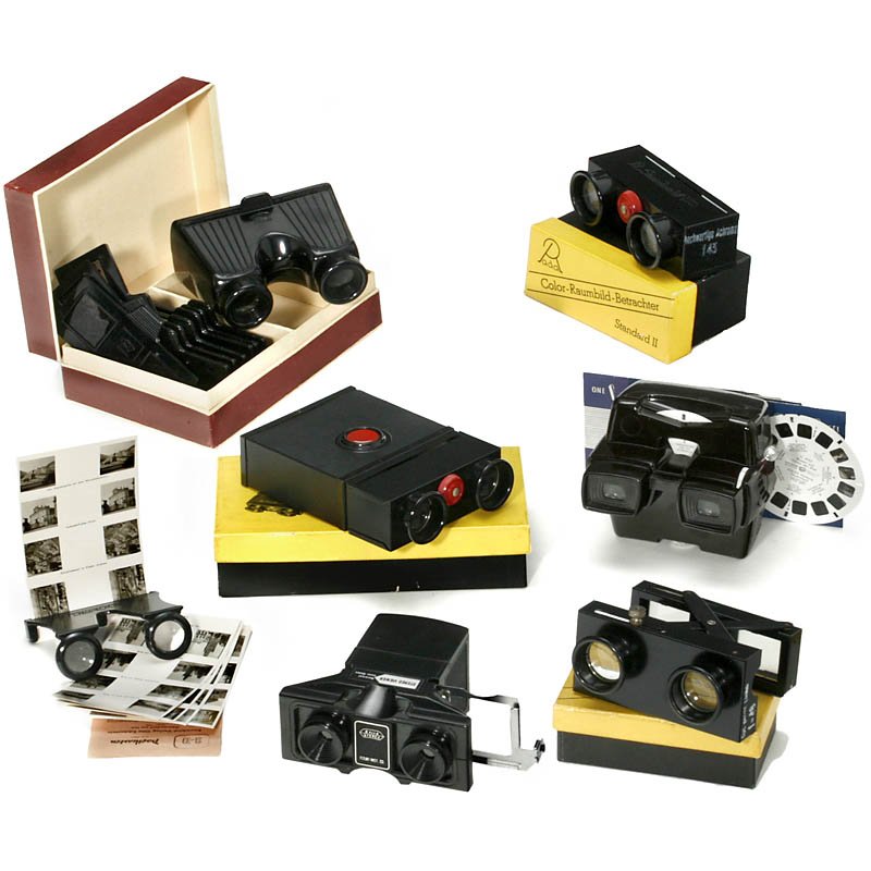 7 Stereo Viewers: 7 Stereo Viewers 1) Row, Rathenow. Stereo viewer for frames with size 4 x 10 cm, with box and 10 slides. - 2-4) Radal. Color-Raumbild-Betrachter Standard I, II and III, with boxes. - 5) Raumbild-Verla