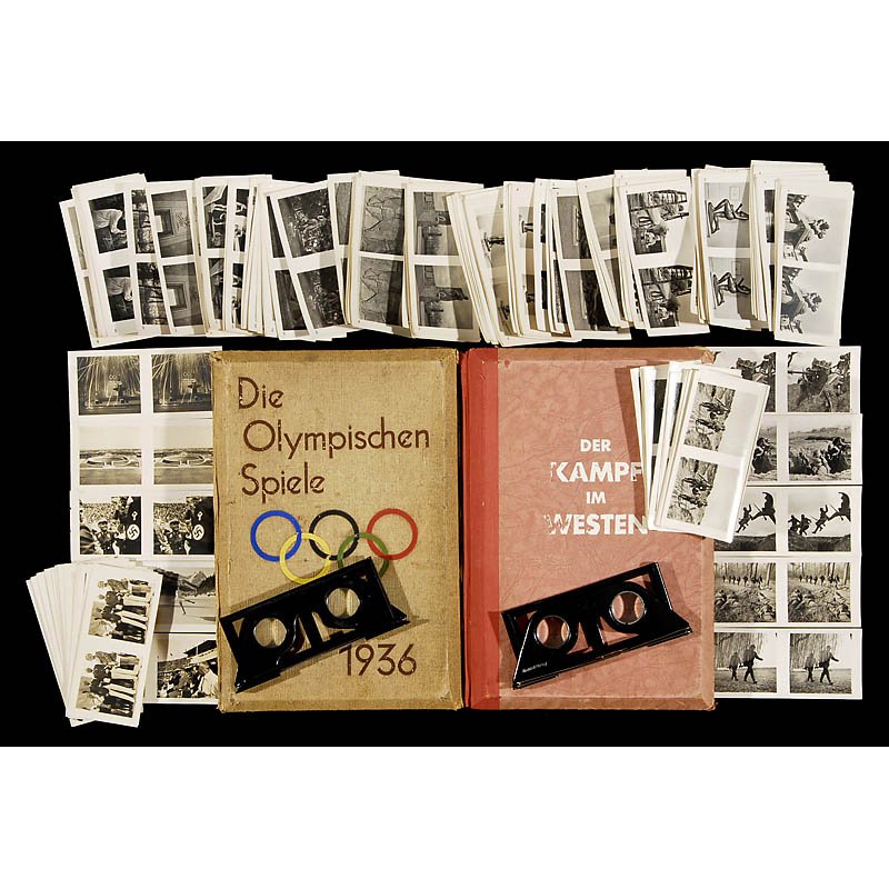 2 Raumbild Albums, from 1936: 2 Raumbild Albums, from 1936 Raumbild Verlag Otto Schönstein KG, Munich. 1) "Der Kampf im Westen", 100 pictures, complete. - 2) "Die Olympischen Spiele 1936", 100 pictures, complete. - Each album wit