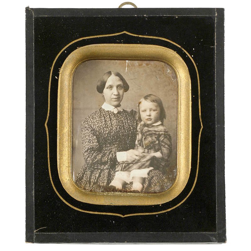 Daguerreotype by "Alphonse Plumier, Liège", c. 184: Daguerreotype by "Alphonse Plumier, Liège", c. 1845 Liège, Boulevard de la Sauveniere 18. Active: 1843-70, 1/4 plate, portrait of a young lady with a young boy, hand-colored, external dimensions: 4 