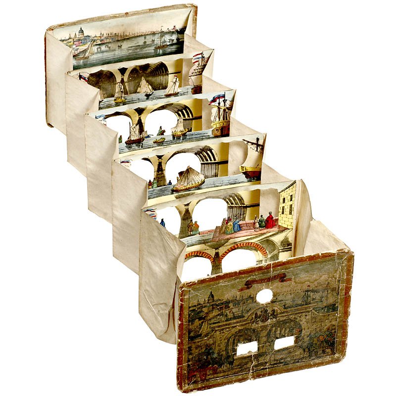 "Der Tunnel" (Thames Tunnel) Peep Show, c. 1843: "Der Tunnel" (Thames Tunnel) Peep Show, c. 1843 Five-part hand-colored engraving in concertina form, with "stereo" cut-outs for viewing the tunnel and one for viewing the river above, extended length 
