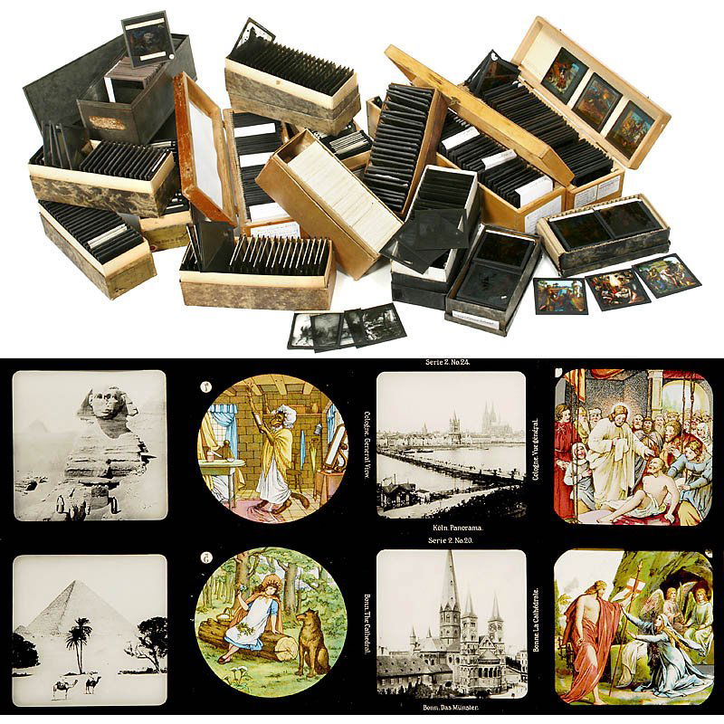 Giant Lot: Magic Lantern Shows for All: Giant Lot: Magic Lantern Shows for All Approx. 700 slides (3 1/4 x 3 1/4 in.). Slides in 15 boxes. Black-and-white and color prints: e.g. "Christian motifs", "Bonn and the Rhine", "Fairy-tales" and mu