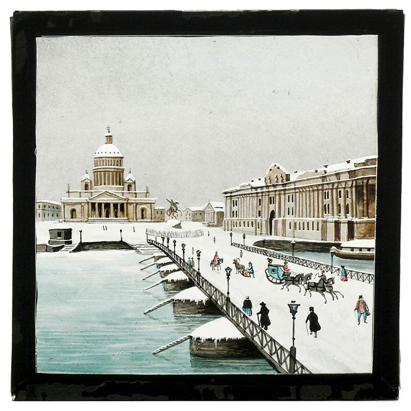 Magic Lantern Slide "St. Petersburg": Magic Lantern Slide "St. Petersburg" Rare hand-painted slide "St. Petersburg in the Snow". 5,4 x 5,4 in. (Poly-Technik?), in wooden box. Laternenbild "St. Petersburg im Schnee" Ein sehr seltenes Glasb