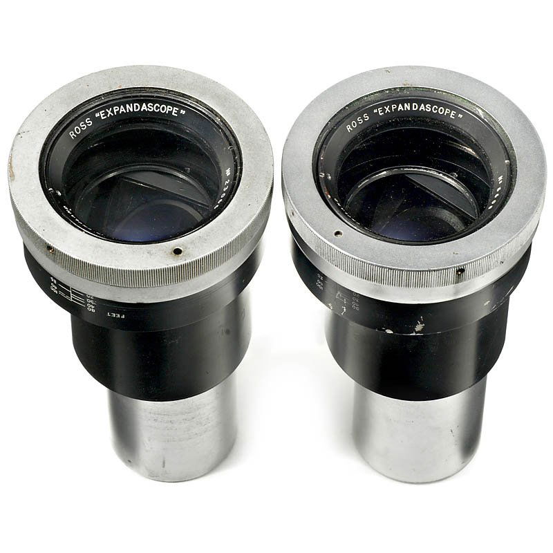 2 Anamorphic Cinematograph Lenses for Wide-Screen: 2 Anamorphic Cinematograph Lenses for Wide-Screen Projection, c. 1955 Manufactured by Ross, England. A pair to be used with twin projectors in original boxes. 1) Ross Expandascope lens no. 23066. - 2)