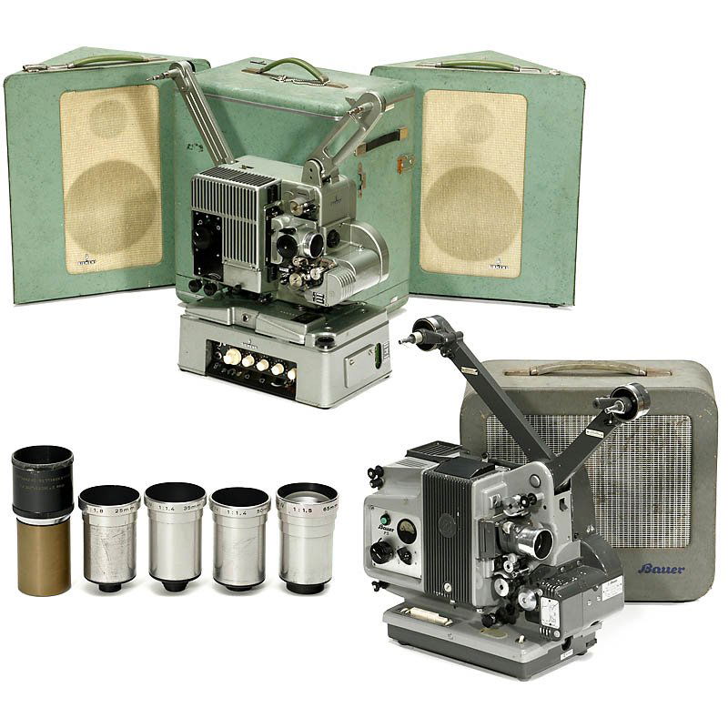 2 Movie Projector Equipments 16mm: 2 Movie Projector Equipments 16mm 1) Siemens, Berlin. Siemens 2000, c. 1975, for optical and magnetic soundtrack, spools up to 600 m. - And: 6 lenses (various), 2 Marc lamps "EZM 300/16", mains unit,