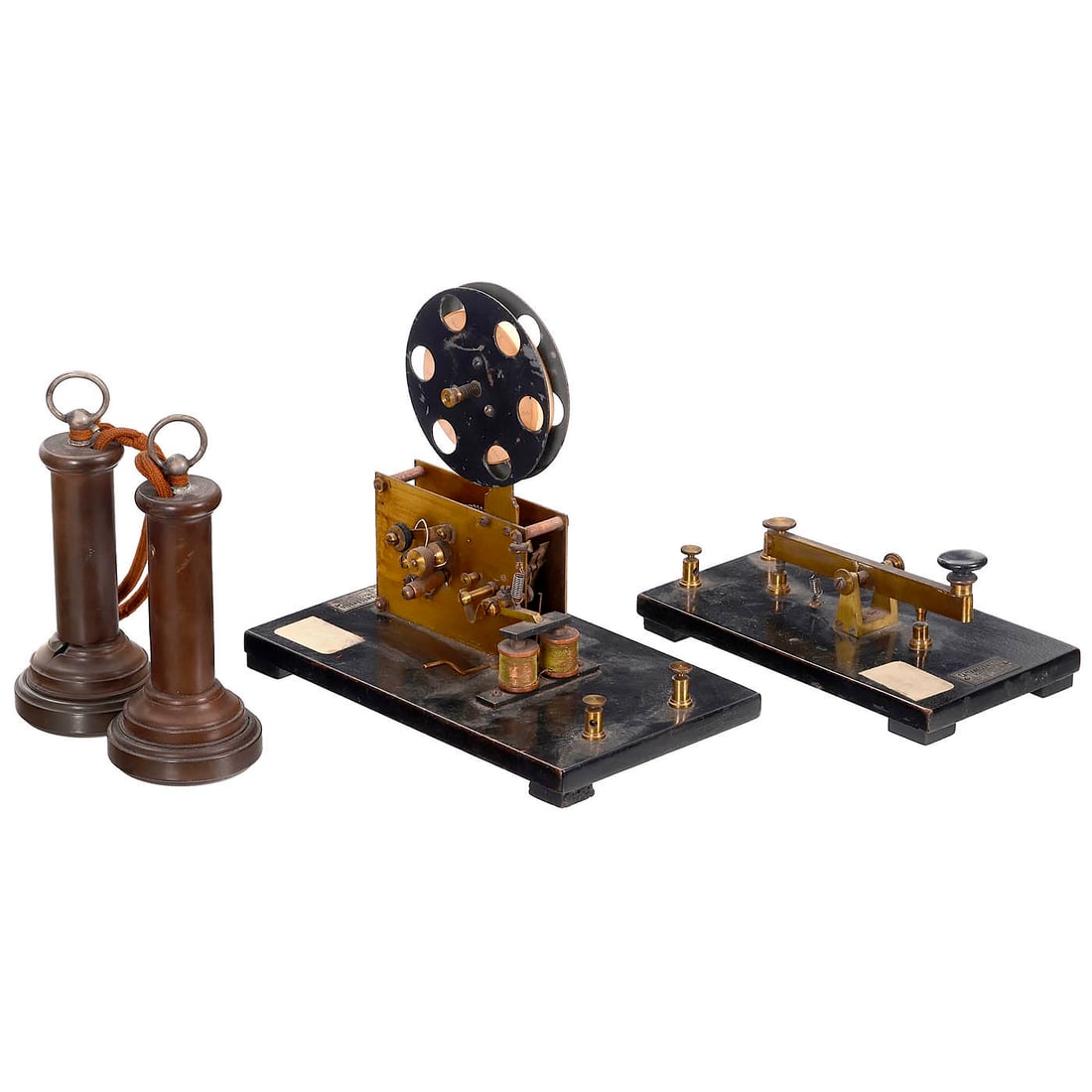 Miniature Telegraph and 2 Bell-Type Telephone Receivers, c. 1900 (1 of 1)