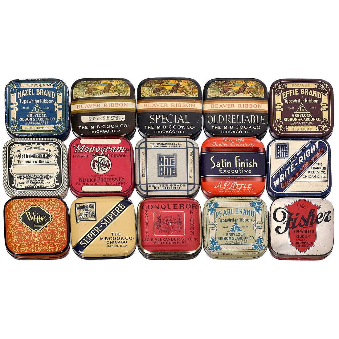15 Typewriter Ink Ribbon Tins: 15 Typewriter Ink Ribbon Tins USA, various motifs, lithographed tin. 15 Schreibmaschinen-Farbbanddosen USA, verschiedene Motive, lithographiertes Blech. Start Price: EUR 40