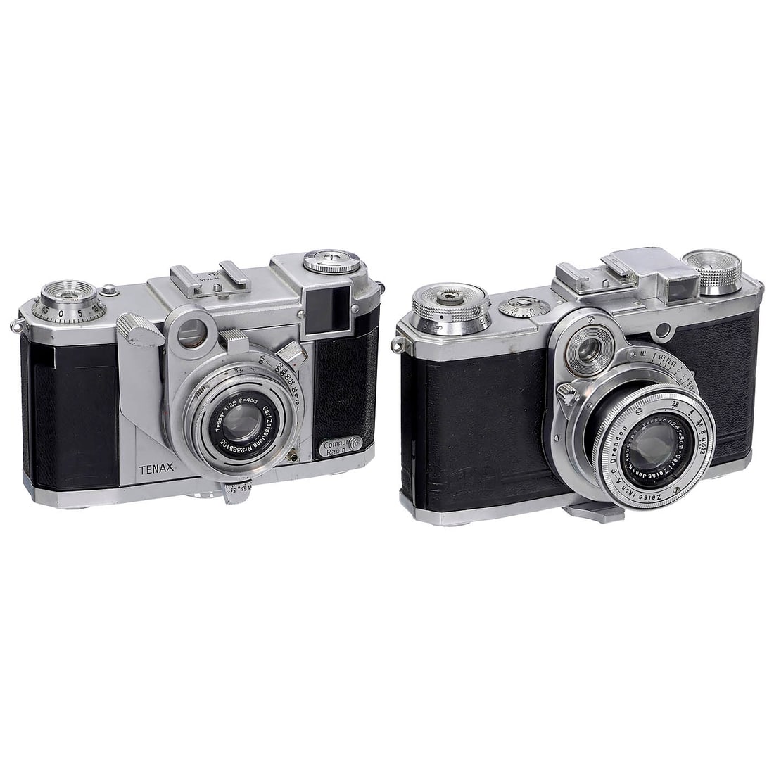 Tenax II and Nettax Cameras: Tenax II and Nettax Cameras Zeiss Ikon, Dresden. 1) Tenax II (580/27) no. H.75153, for 24 x 24 mm, with Tessar 2.8/4 cm lens no. 2383103, shutter slow, front with synchronisation, scratch on baseplate