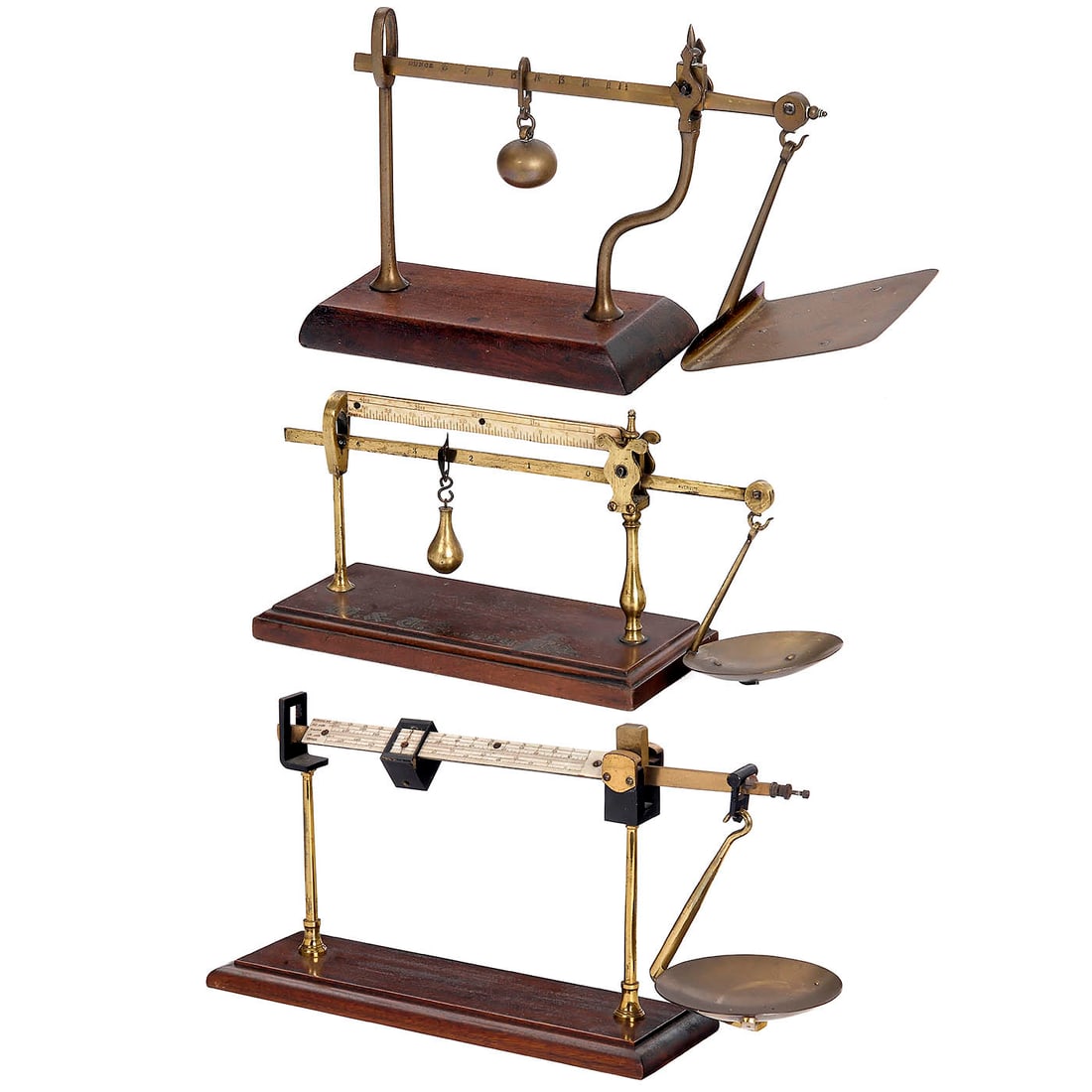 British Postal Scale and 2 Estimation Scales: British Postal Scale and 2 Estimation Scales 1) Brass postal beam scale by Avery, c. 1895, Birmingham, England, rectangular letter tray, 10 in. long beam, capacity up to 8 ounces, sliding brass weight