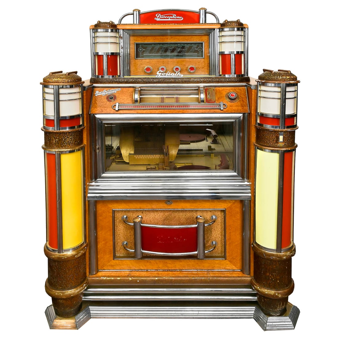 Goliath Radio-Discophone Jukebox, 1948-56: Goliath Radio-Discophone Jukebox, 1948-56 Pierre Eich & Bartholemus Cie., Belgium. For 78-rpm shellac records, 48 selections, pneumatic control, a similar system to pipe organs, coin-slot, headboard w