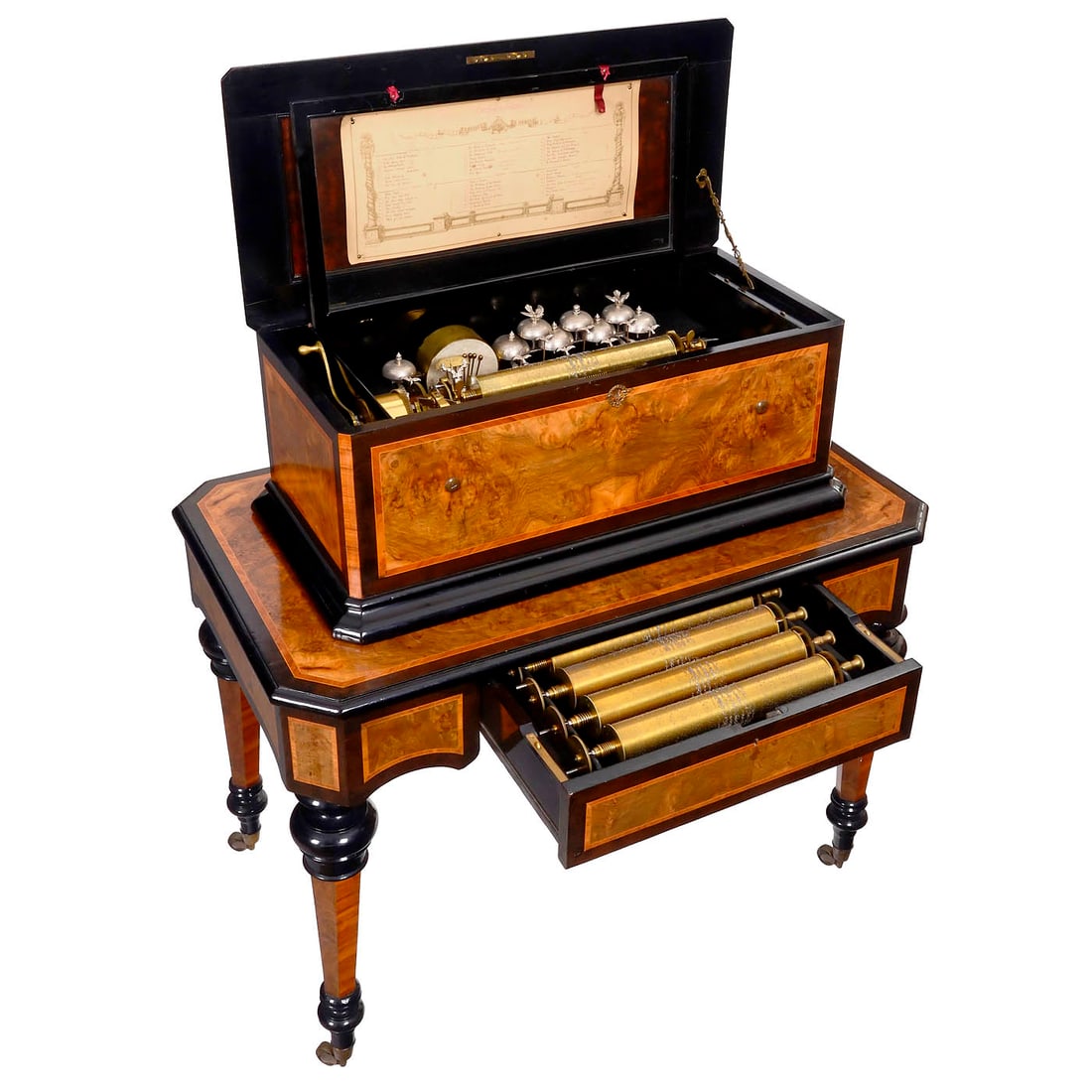 Interchangeable "Orchestrion" Musical Box, c. 1880: Interchangeable "Orchestrion" Musical Box, c. 1880 No. 38018, possibly Karrer, with six eight-air cylinders, seventeen-key organ, 55 musical steel teeth and 16 percussion teeth in four combs (approx. 