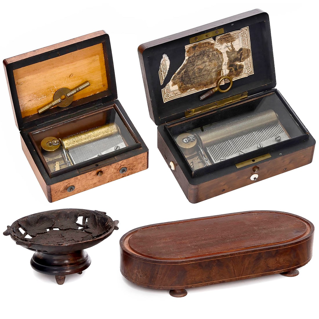 3 Tabatière Musical Boxes and a Clock Base, late 19th - early 20th Century (1 of 3)