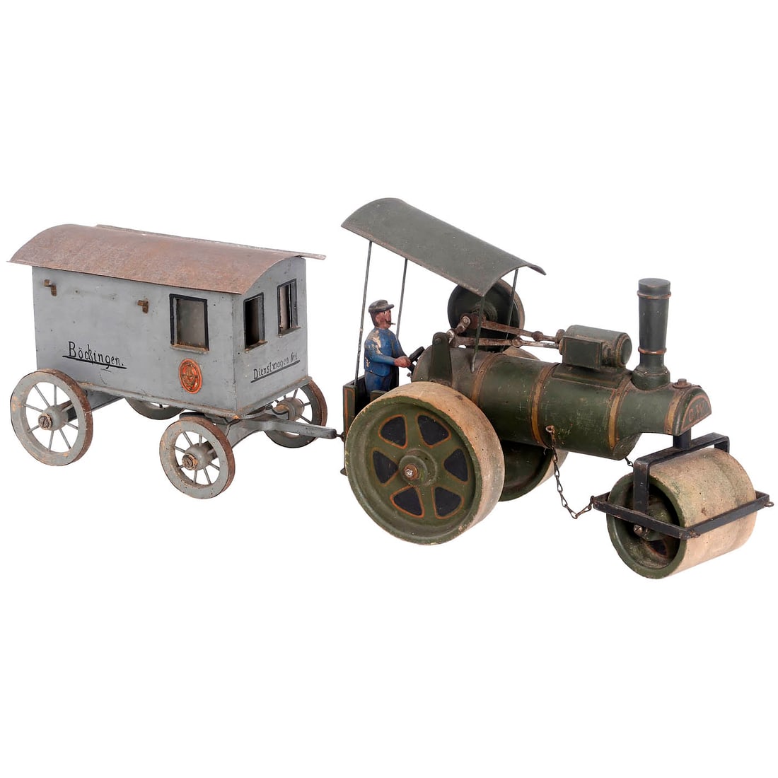 Steam Road Roller with Construction Wagon, c. 1930 (1 of 1)