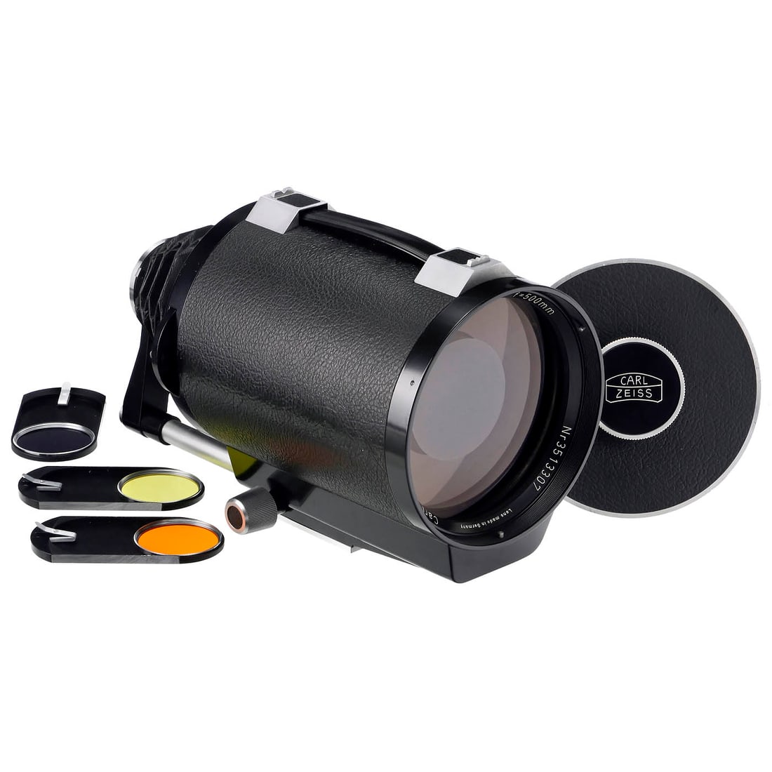 Rare Mirotar 4.5/500 mm Lens: Rare Mirotar 4.5/500 mm Lens Carl Zeiss, Oberkochen. Mirotar 4.5/500 mm no. 3513307, for Contarex, lockable 115mm extension possible for close range, turret disc with 2 neutral density filters for ape