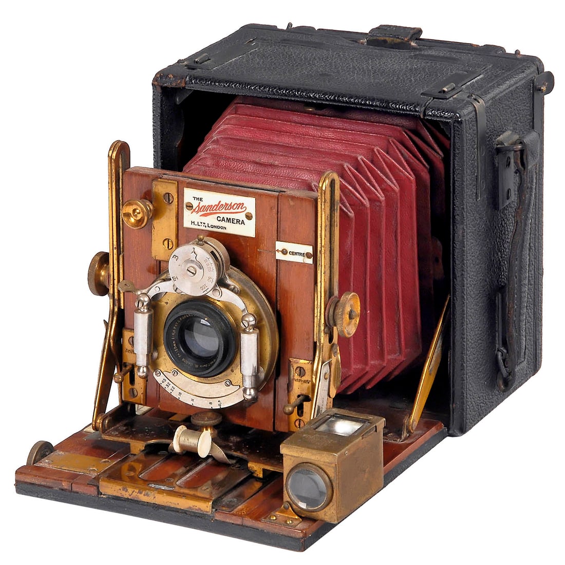 The Sanderson Hand Camera, c. 1900: The Sanderson Hand Camera, c. 1900 Sanderson Camera Works, England. Plate size 3 ¼ x 4 ¼ in., black leather, polished mahogany, brass fittings, red bellows, with hinged base and top, focusin