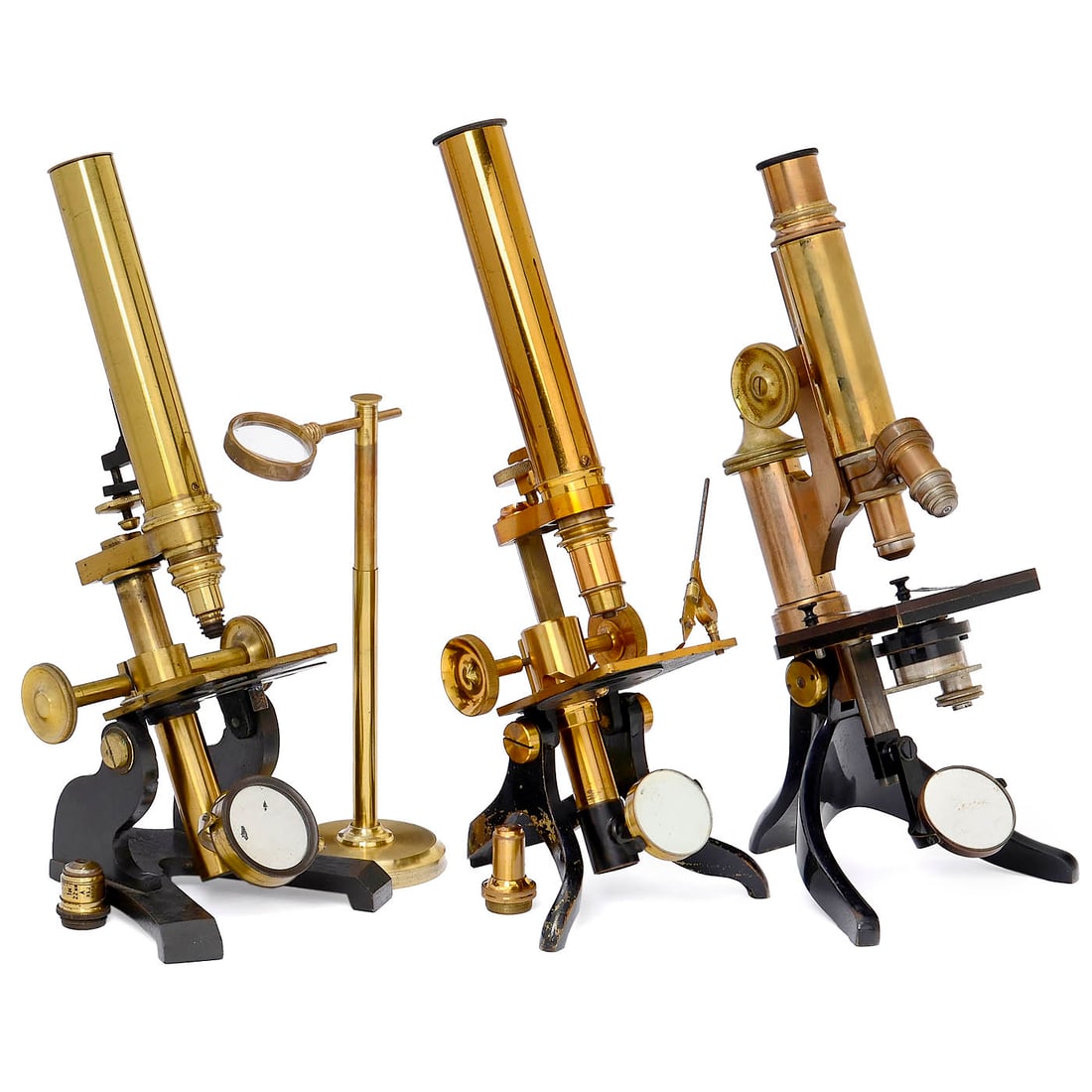 3 Brass Microscopes: 3 Brass Microscopes 1) R. Field & Son, Birmingham, c. 1855, "Society of Arts" microscope, no. 379, original lacquered brass, cast-metal claw base, 90˚ tilting stand, double mirror, substage pinho