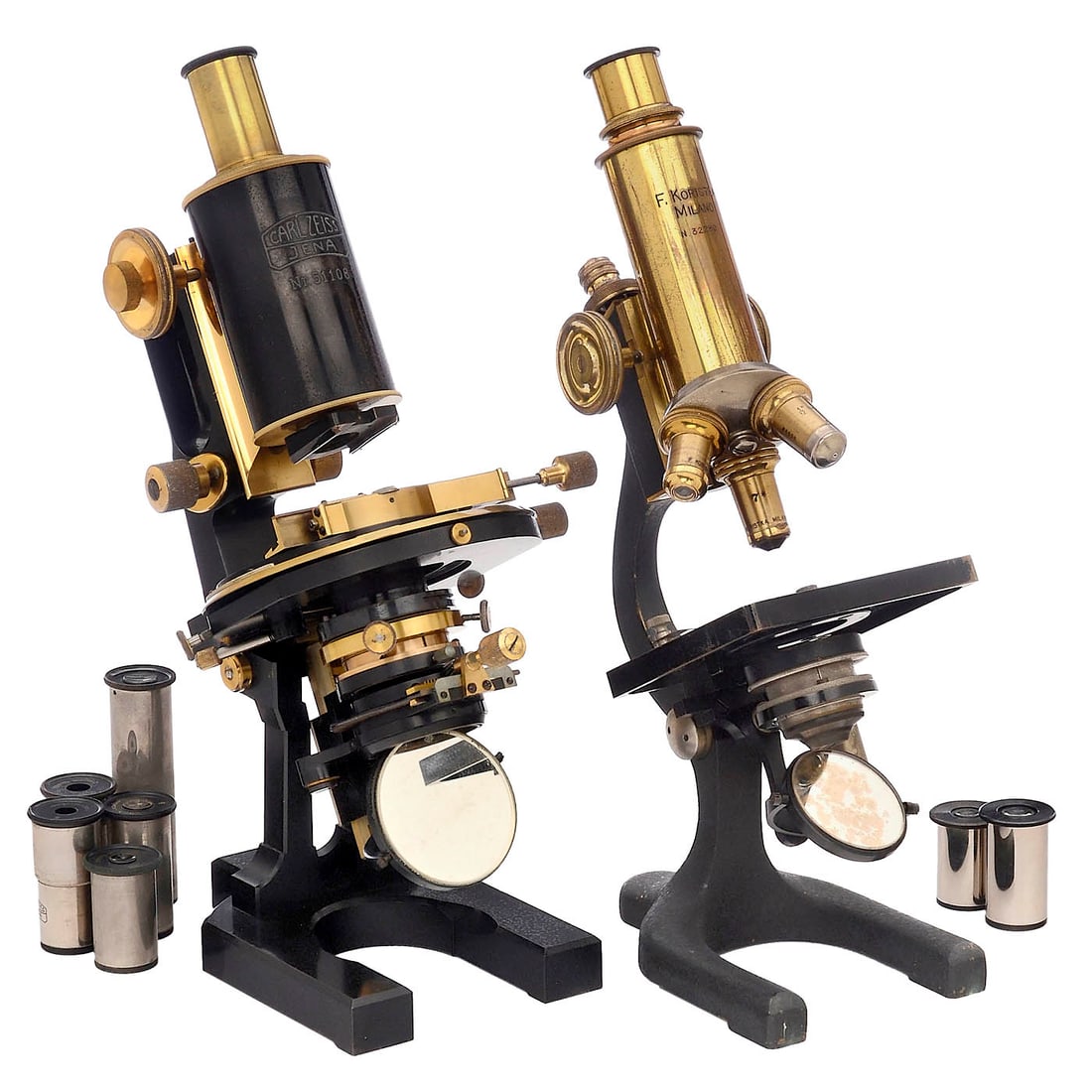 2 Brass Microscopes: 2 Brass Microscopes 1) Carl Zeiss, Jena, c. 1906, no. 51108, large Zeiss stand No. I, early model with fine adjustment according to Berger, combined rotating and mechanical stage no. 5577, Abbe conden