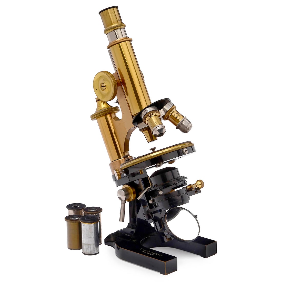 Brass Microscope by Leitz, c. 1908: Brass Microscope by Leitz, c. 1908 E. Leitz, Wetzlar, Germany. No. 108525, brass microscope with black-painted base in original finish, 3 lenses and 4 oculars, triple turret, body tube with rack-and-p