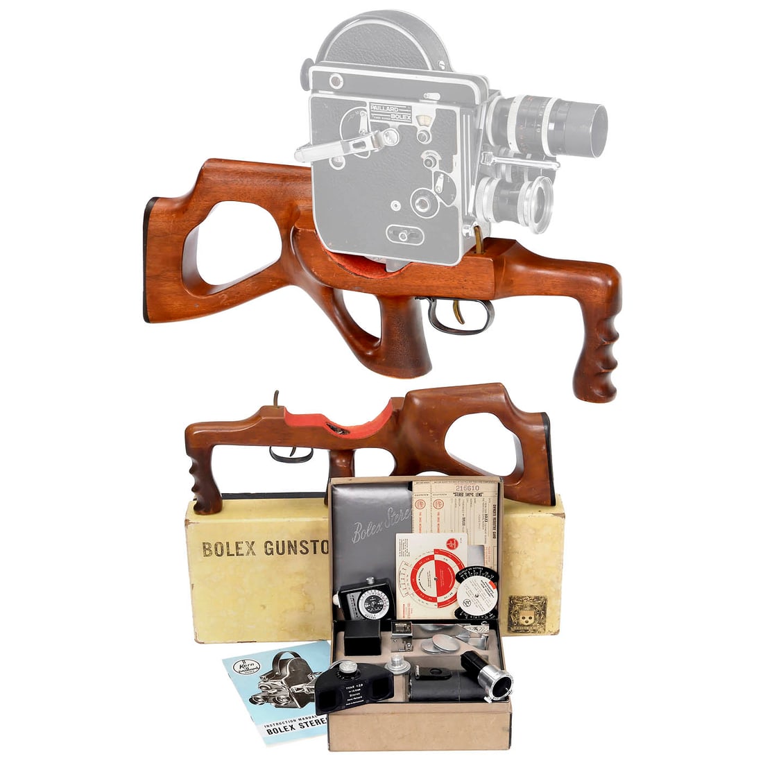 Special Accessories for Bolex H16 Camera, c. 1960: Special Accessories for Bolex H16 Camera, c. 1960 Paillard, Switzerland. 1) Stereo attachment for all Bolex H16 models with C-mount; stereo projection attachment for Paillard projectors; Bolex light m