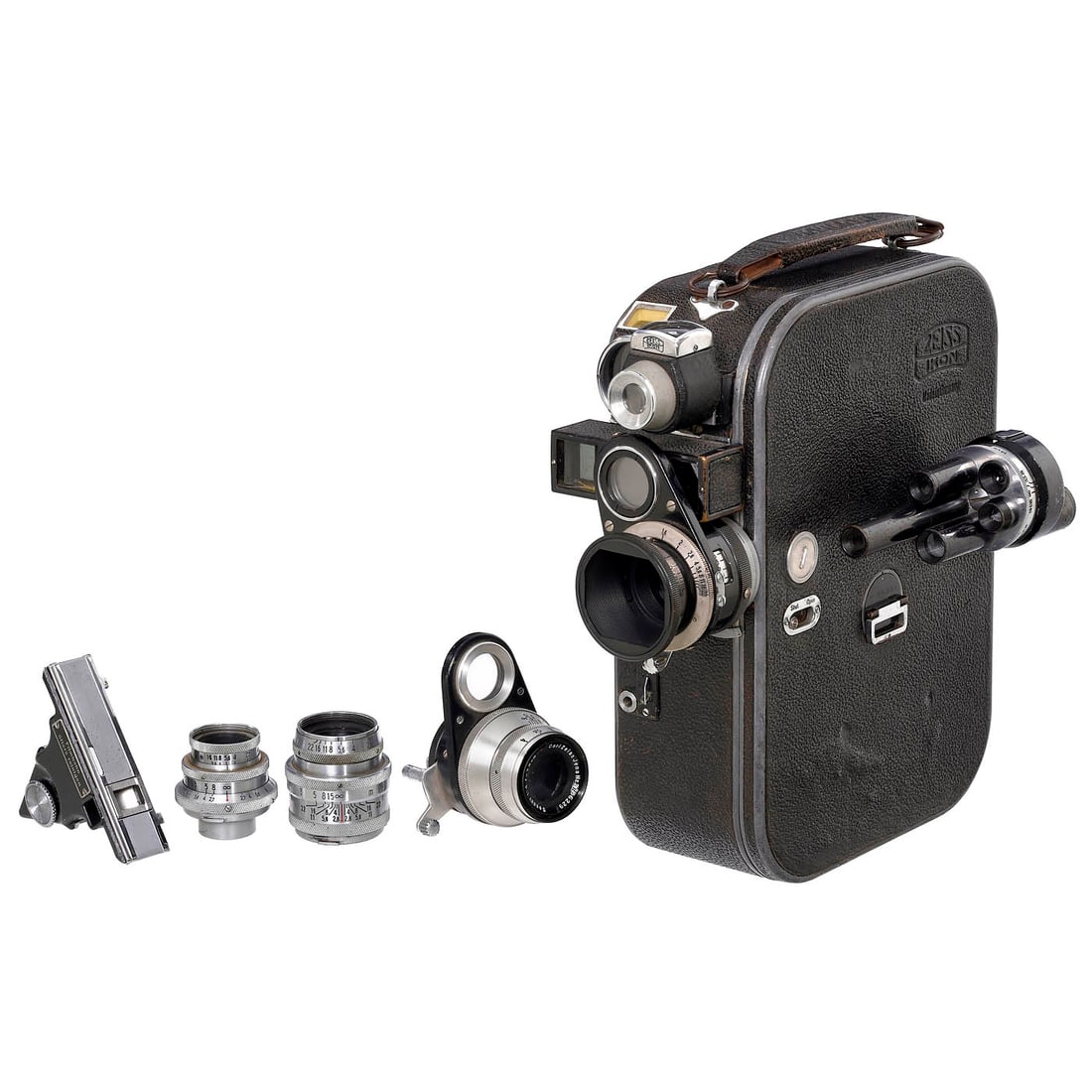 Movikon 16 Camera Outfit, c. 1934: Movikon 16 Camera Outfit, c. 1934 Zeiss Ikon, Dresden. For 16mm films on 30-meter daylight spools (two in the camera), 12-24 fps spring-drive, internal switchable angle viewfinder, adjustable sector a