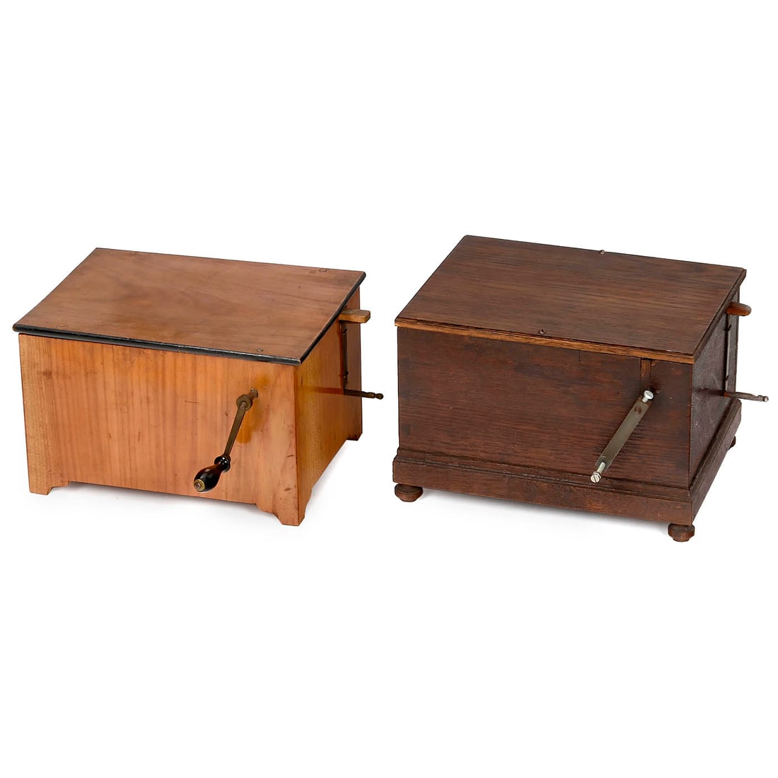 2 Miniature Serinette Barrel Organs, c. 1850: 2 Miniature Serinette Barrel Organs, c. 1850 1) Ant Erbs, Vienna, playing eight airs, with hand-turned mechanism, 9 notes, labial pipes, replacement oak case, crank and pipes, old mechanism, crank and