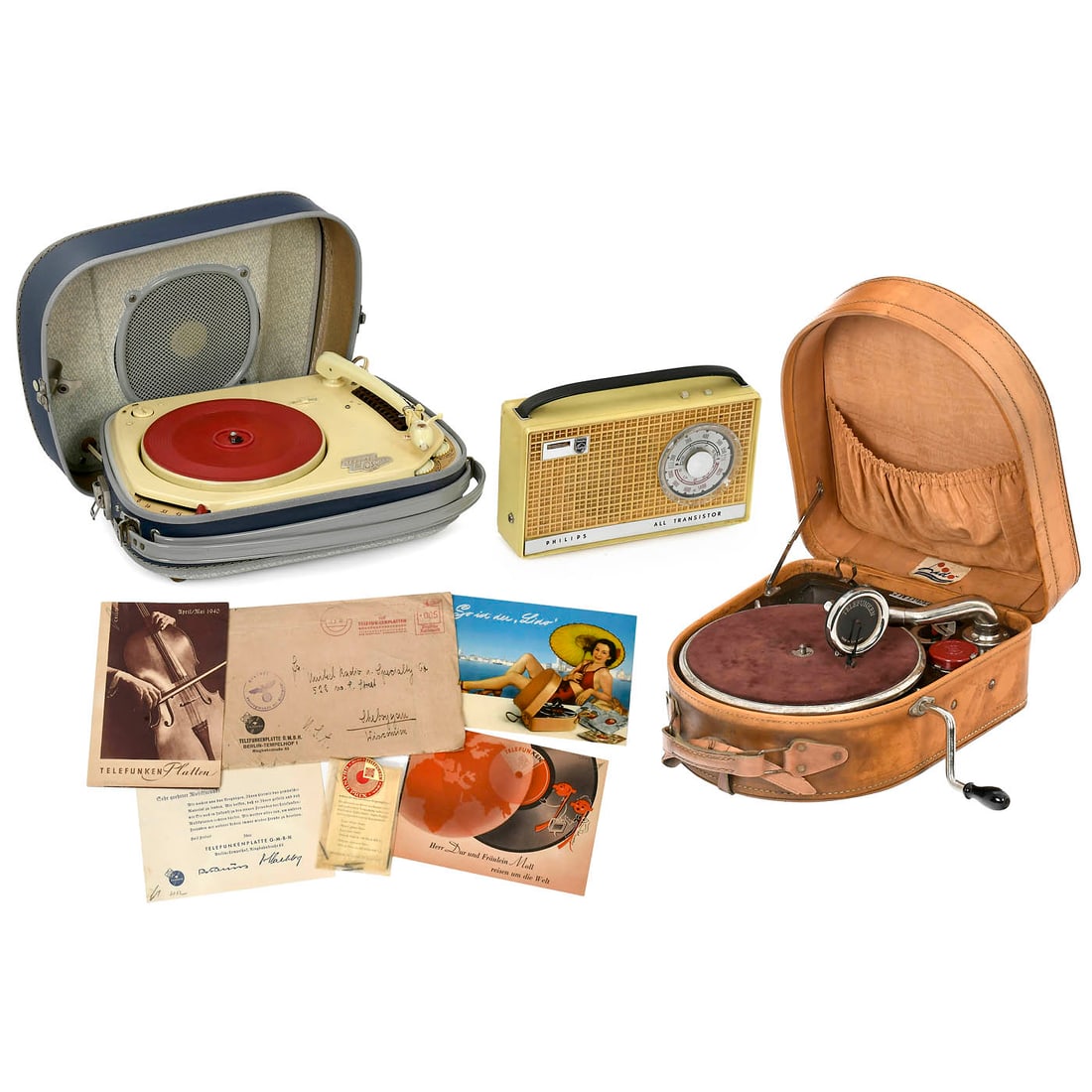 2 Record Players and a Portable Radio: 2 Record Players and a Portable Radio 1) Electrophone Oscar, 1962, Teppaz, Lyon, France, record player 16/33/45/78 rpm, 2 tubes, low-frequency amplifier, dynamic loudspeaker, mains-operation, good con