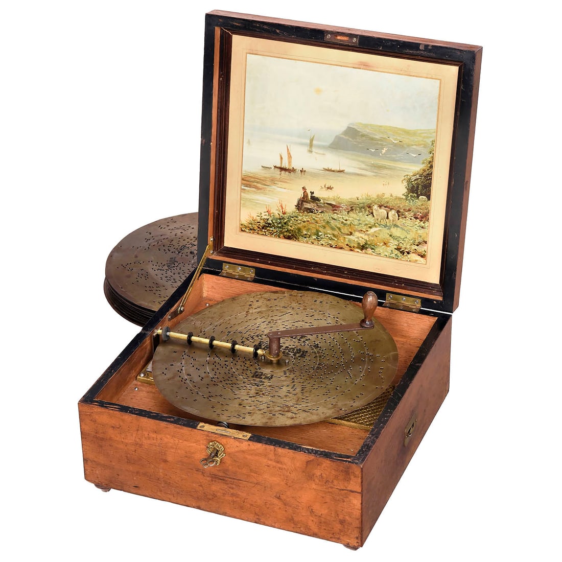 Kalliope No. 60G Disc Musical Box, c. 1900: Kalliope No. 60G Disc Musical Box, c. 1900 Kalliope Musikwerke, Leipzig. For 13 1/3 in. discs, with 10 bells and 61 teeth in steel comb (complete), original lithograph in lid, excellent playing condit
