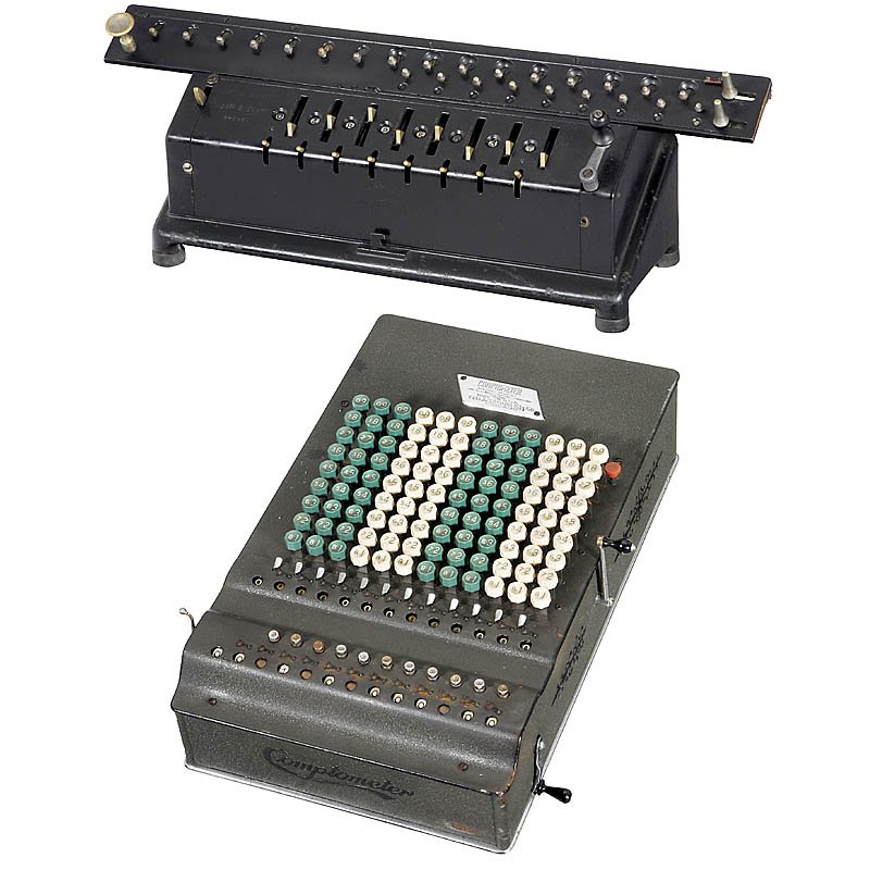 "Tim Mod. 1" & "Comptometer": "Tim Mod. 1" & "Comptometer" 1) "Tim Mod. 1", 1909. Stepped drum calculator by Ludwig Spitz, Berlin. (3/3-) - And: 2) "Comptometer", c. 1935. (3/3) "Tim Mod. 1" & "Comptometer" 1) "Tim Mod. 1", 1909. 