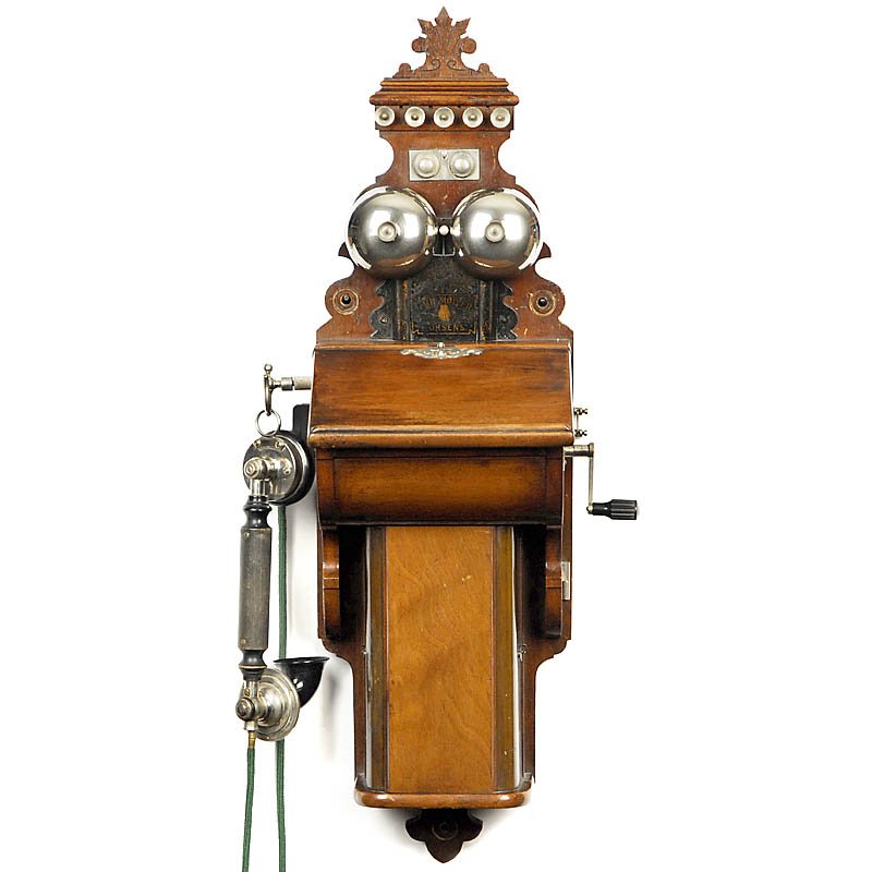 Danish Wall Telephone by "Emil Møller", c. 1910: Danish Wall Telephone by "Emil Møller", c. 1910 "Emil Møller, Horsens", wooden case, inductor with 3 magnets, original handset, height 29 1/2 in. Dänisches Wand-Telephon "Emil Møller", um 1910 "Em