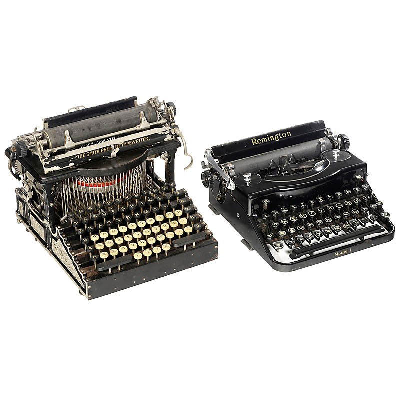"Smith Premier No. 1", 1889: "Smith Premier No. 1", 1889 Very popular American upstroke machine with full keyboard (3-/2-) - And: 2) "Remington Silent Mod. 1" with case. (2/2) "Smith Premier No. 1", 1889 Dekoratives erstes Modell
