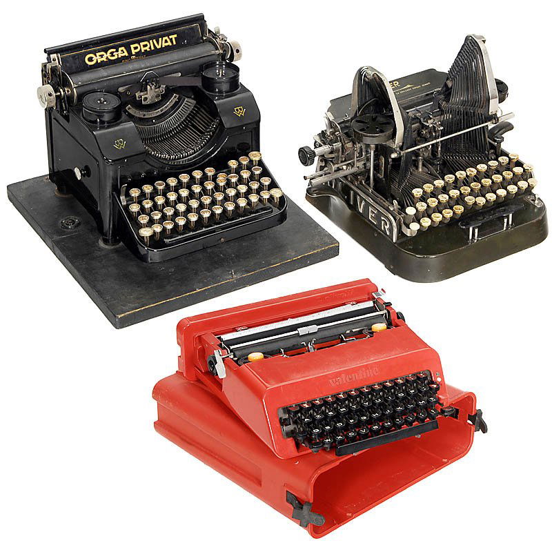 3 Typewriters: 3 Typewriters 1) "Olivetti Valentine", c. 1969. - The legendary red industrial design by Ettore Sottsass and Perry A. King. With original case. (2/2) - 2) "Oliver No. 3", 1902. The famous American typ