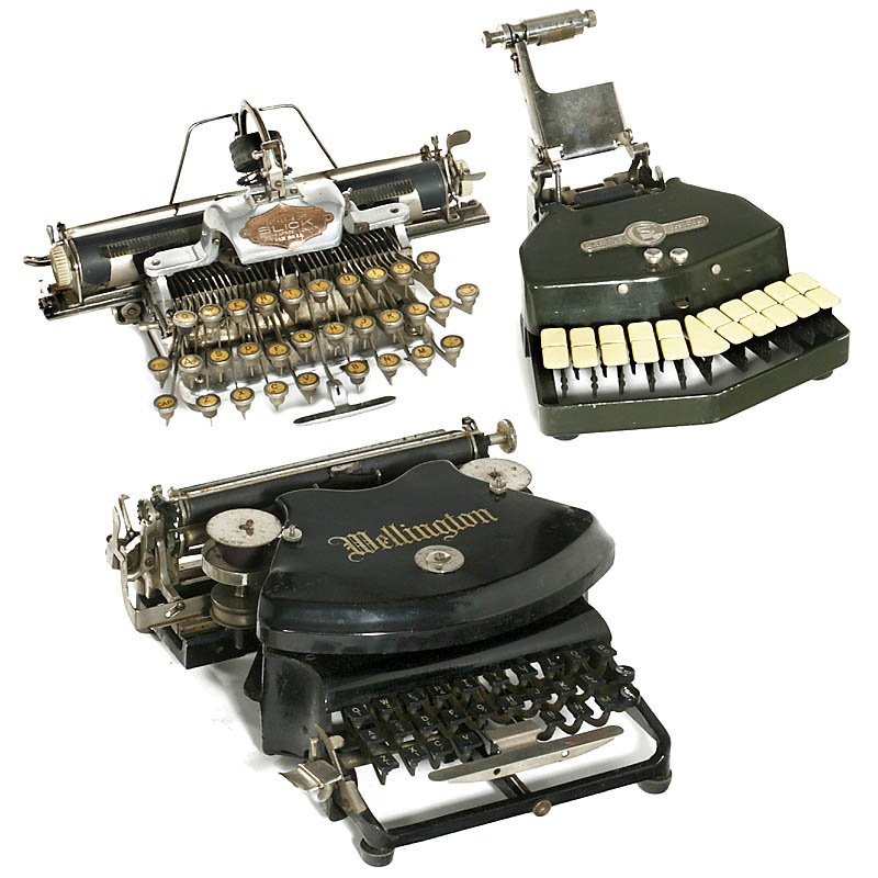 3 Typewriters: 3 Typewriters 1) "Wellington", 1892. American production of the Canadian "Empire". 2 keytops replaced. - Literature: Martin, 1949, p. 130. (3-/3-) - 2) "Blick No. 6", 1893. Rarer aluminum model of the