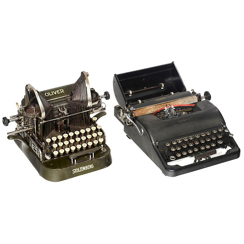 "Corona Silent Typewriter Telegraph No. 37": "Corona Silent Typewriter Telegraph No. 37" Mostly used as telegraph printer. (3-/3) - And: 2) "Oliver No. 3", 1902. Well-preserved American typebar machine, left ribbon lid replaced. - Literature: Ma