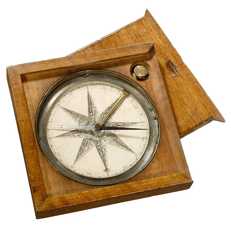 French Surveying Table Compass, c. 1800: French Surveying Table Compass, c. 1800 Oak case with sliding cover, silver scale, engraved paper dial, 7 1/2 x 7 1/2 in. Französischer Kompaß, um 1800 Eichengehäuse, Silberskala, gedruckte Windros