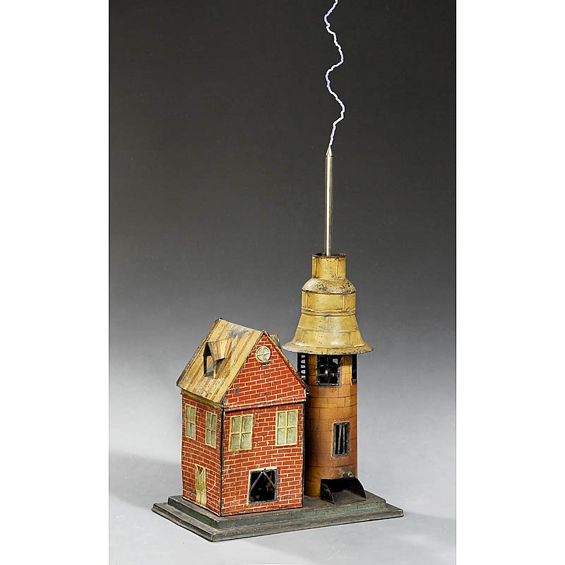 Benjamin Franklin's Lightning Rod House by Charles: Benjamin Franklin's Lightning Rod House by Charles Chevalier, Paris, c. 1860 Early tin toy physical demonstration model of the effectiveness of a lightning rod, unmarked, hand-painted tin, with contai