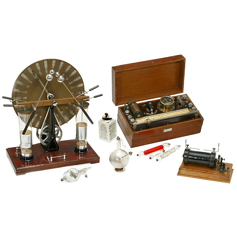 Lot of Physical Demonstration Models, c. 1920: Lot of Physical Demonstration Models, c. 1920 1) Wimshurst's "Voltana" electrostatic machine, height 17 in, complete working condition! - 2) 3 Geissler's tubes (2 of them with spirit), 1 small x-ray t