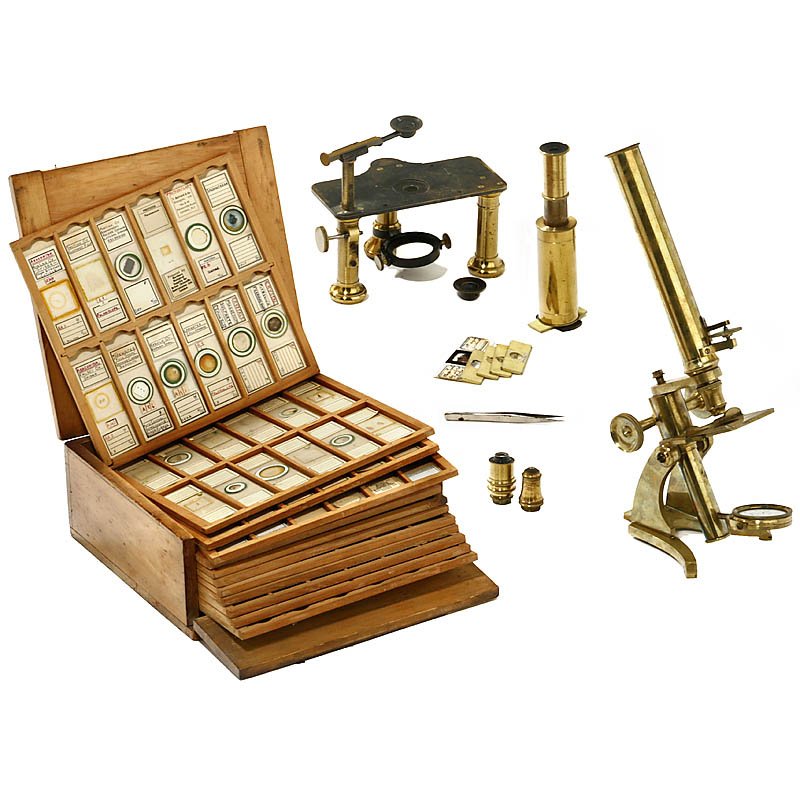 Lot of Microscopes and Preparations: Lot of Microscopes and Preparations 1) Brass microscope "J. Amadio, Throgmorton Street, London", c. 1870, height 12 1/4 in., with 3 objective lenses in box. - 2) Portable microscope, unmarked, in case