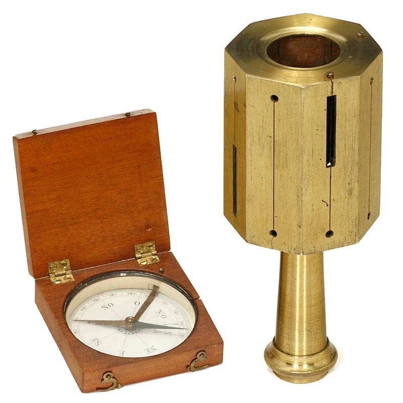 Spherical Cross and Compass: Spherical Cross and Compass 1) Spherical cross, originally lacquered brass, 6 3/4 in. high, in mahogany case. - And: 2) Compass in wooden case, 2 3/4 x 2 3/4 in. Winkeltrommel und Kompaß, um 1900 1) 