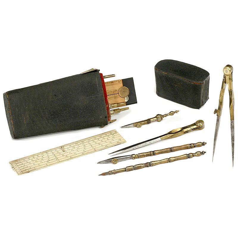 English Pocket Drafting Etui, c. 1800: English Pocket Drafting Etui, c. 1800 Brass and steel instruments comprising compass with three inserts, pair of dividers, drawing pen, pencil, small bow compass, bone protractor, boxwood sector and e