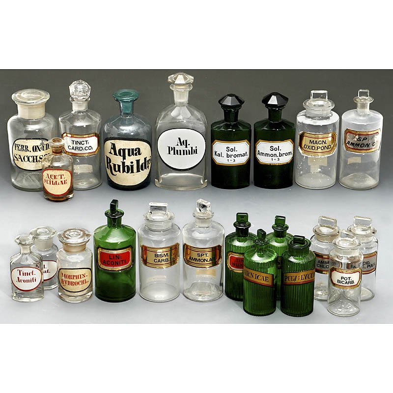 Large Lot of Pharmacy Glass Bottles, from 19th Cen: Large Lot of Pharmacy Glass Bottles, from 19th Century Approx. 50 glass bottles of different sizes, all with ground-glass stoppers, some with hand-painted labels, height from 3 1/6 up to 10 5/8 in. Gr