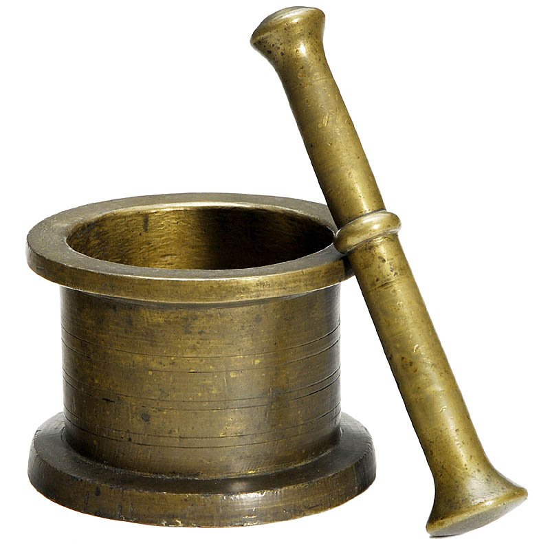 Oriental Bronze Mortar, c. 1800: Oriental Bronze Mortar, c. 1800 Heavy model, Ø 7 in., with pestle. Orientalischer Bronze-Mörser, um 1800 Schweres Modell, Ø 18 cm, mit Pistill.