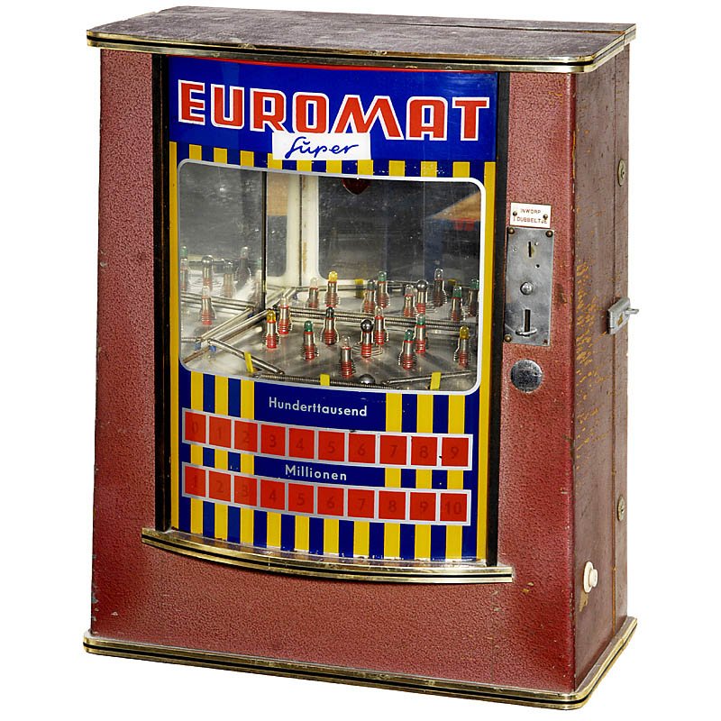 Wall Pinball "Euromat Super", c. 1965: Wall Pinball "Euromat Super", c. 1965 Electromechanically-operated, 220 V, wooden case, plays a little too slow. Wand-Flipper "Euromat Super", um 1965 Elektromechanisches Gerät, 220 V, Holzgehäuse, 