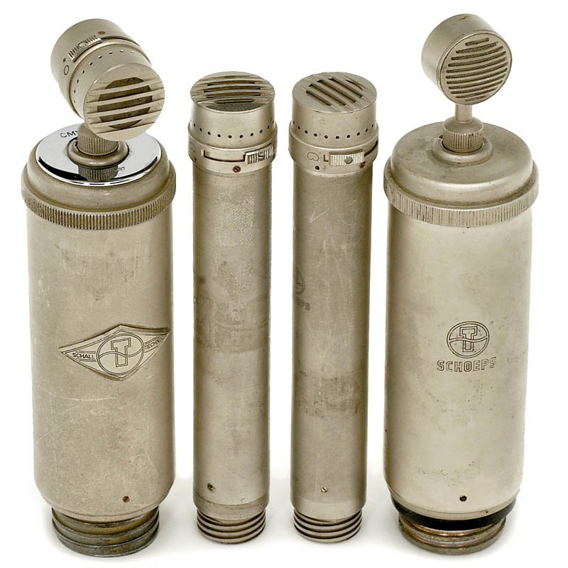 4 Microphones by "Schoeps", Germany: 4 Microphones by "Schoeps", Germany 1) GM51/7. - 2) M221F (2 x). - And: 3) CMV51/9F. - All cased. 4 Mikrophone "Schoeps" mit Original-Etuis 1) GM51/7. - 2) M221F (2 x). - Und: 3) CMV51/9F