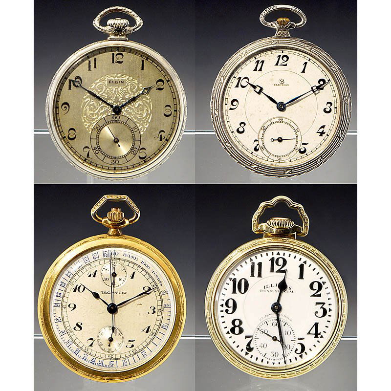 4 Gent's Pocket Watches, c. 1900: 4 Gent's Pocket Watches, c. 1900 1) Nickel-plated watch "Elgine, USA". - 2) "Tachylip, France", brass case. - 3) "Election" watch, silver case (900), anchor escapement. - And: 4) American watch "Illin