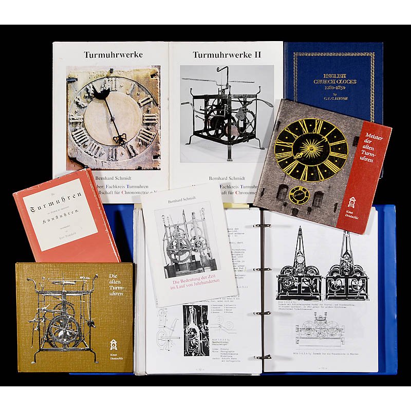 Lot with Literature on Tower Clocks: Lot with Literature on Tower Clocks 1) "Turmuhrenwerke", volumes I and II, Bernhard Schmidt, 2004. - 2) "Die Turmuhren", Curt Dietzschold, reprint. - 3) "Die Alten Turmuhren", Knut Deutschle. - 4) "En