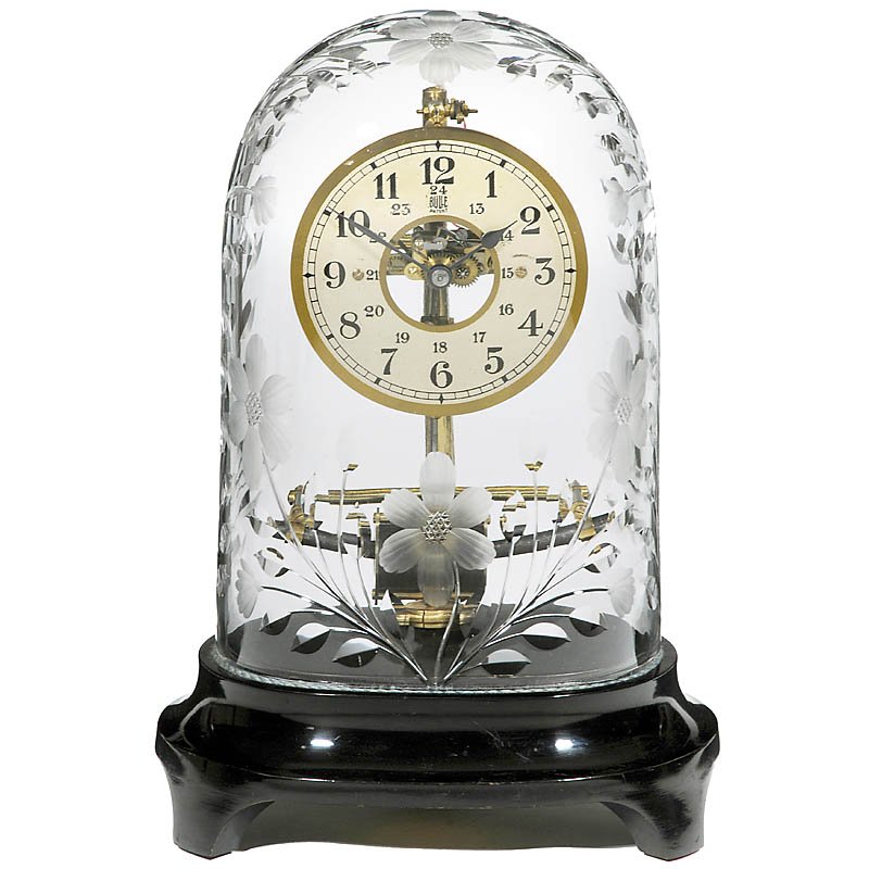 Electrical "Bulle Patent" Table Clock, c. 1925: Electrical "Bulle Patent" Table Clock, c. 1925 France, serial no. 270851, visible brass mechanism on wooden base, cut-glass dome, battery-operated movement (1.5 V), overall height 15 in., working. - A