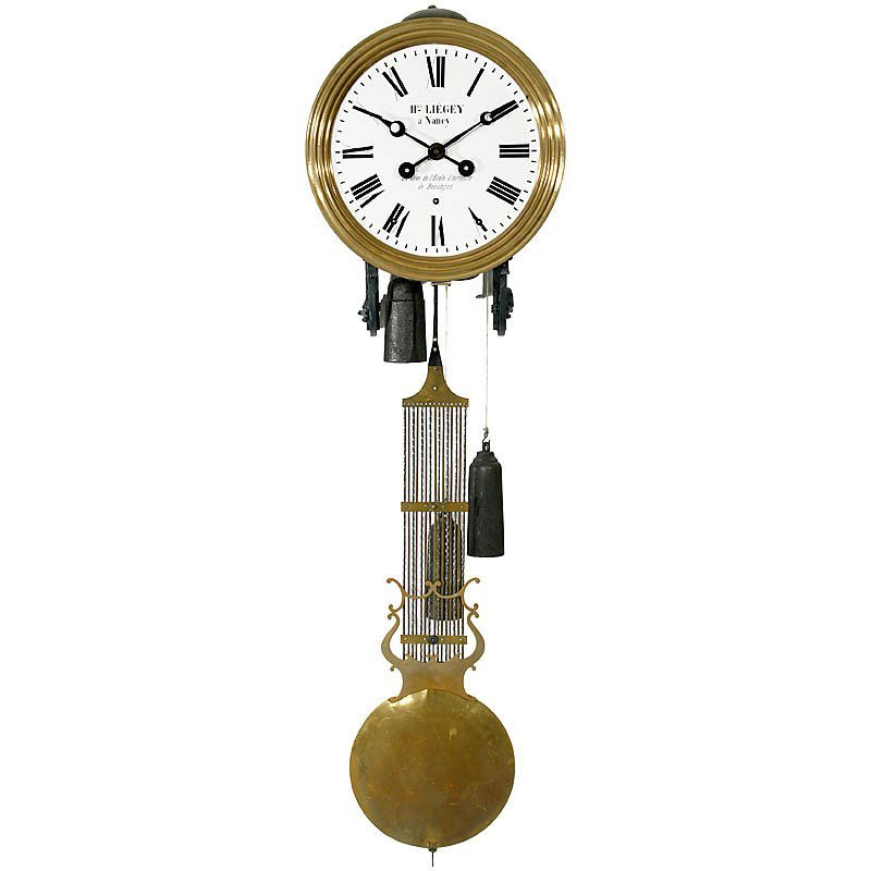 Large Comtoise Clock with 4 Bells, c. 1870: Large Comtoise Clock with 4 Bells, c. 1870 French wall clock, with pin wheel escapement, quarter-hour strike on bells, large enamel dial with brass surround, marked "Hry Liégey à Nancy", iron hands,