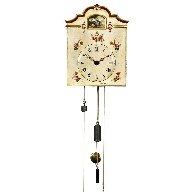 Black Forest Carillon Clock, c. 1820: Black Forest Carillon Clock, c. 1820 Pinned wooden barrel for 4 airs, 12 bells, wooden spindles, brass wheels, hour strike on large bell, painted dial (renewed), with pendulum and weights. Schwarzwäl