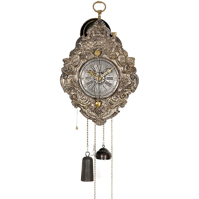 Southern German Front Pendulum Wall Clock, c. 1740: Southern German Front Pendulum Wall Clock, c. 1740 Embossed silvered-brass front, 1-day movement, hour strike on 2 bells, front pendulum. Süddeutsche Vorderzappler-Wanduhr, um 1740 Schild aus gepräg